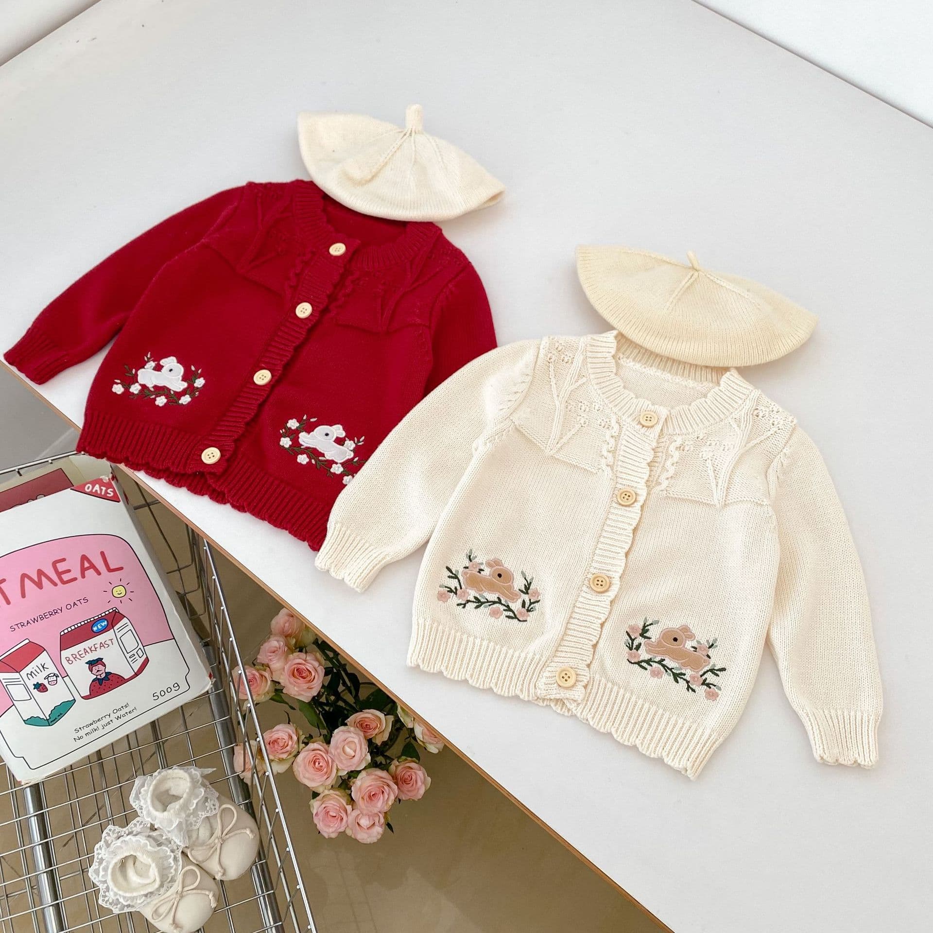 Knitted Cardigan for Spring and Autumn, Fashionable 1-3 Year Old Baby Girl Embroidered Jacket, Children's Short-Sleeve Knit Top