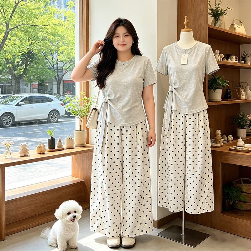 Cool Silk Cotton Plus Size Stylish Top Polka Dot Wide Leg Pants Set for Women Summer New Slim Casual Two-Piece Set
