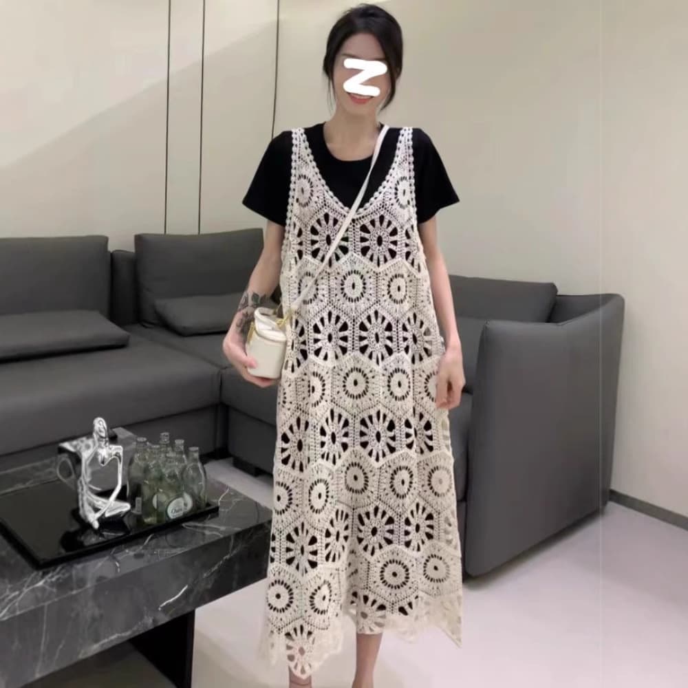 Plus Size Women's Two-Piece Set, New French-Style Crochet Hollow Lace Vest Dress, Short-Sleeve Layering Slip Dress