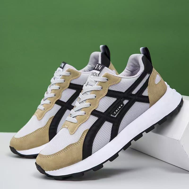 New Autumn Men's Trendy Leather Sports Shoes Casual Comfortable Mesh Panel Sneakers Retro Dad Shoes