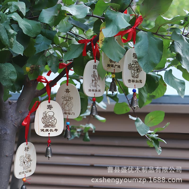 Wind chime wishing plaque, five blessings solid wood design, creative scenic spot tourism souvenir, logo printing available.
