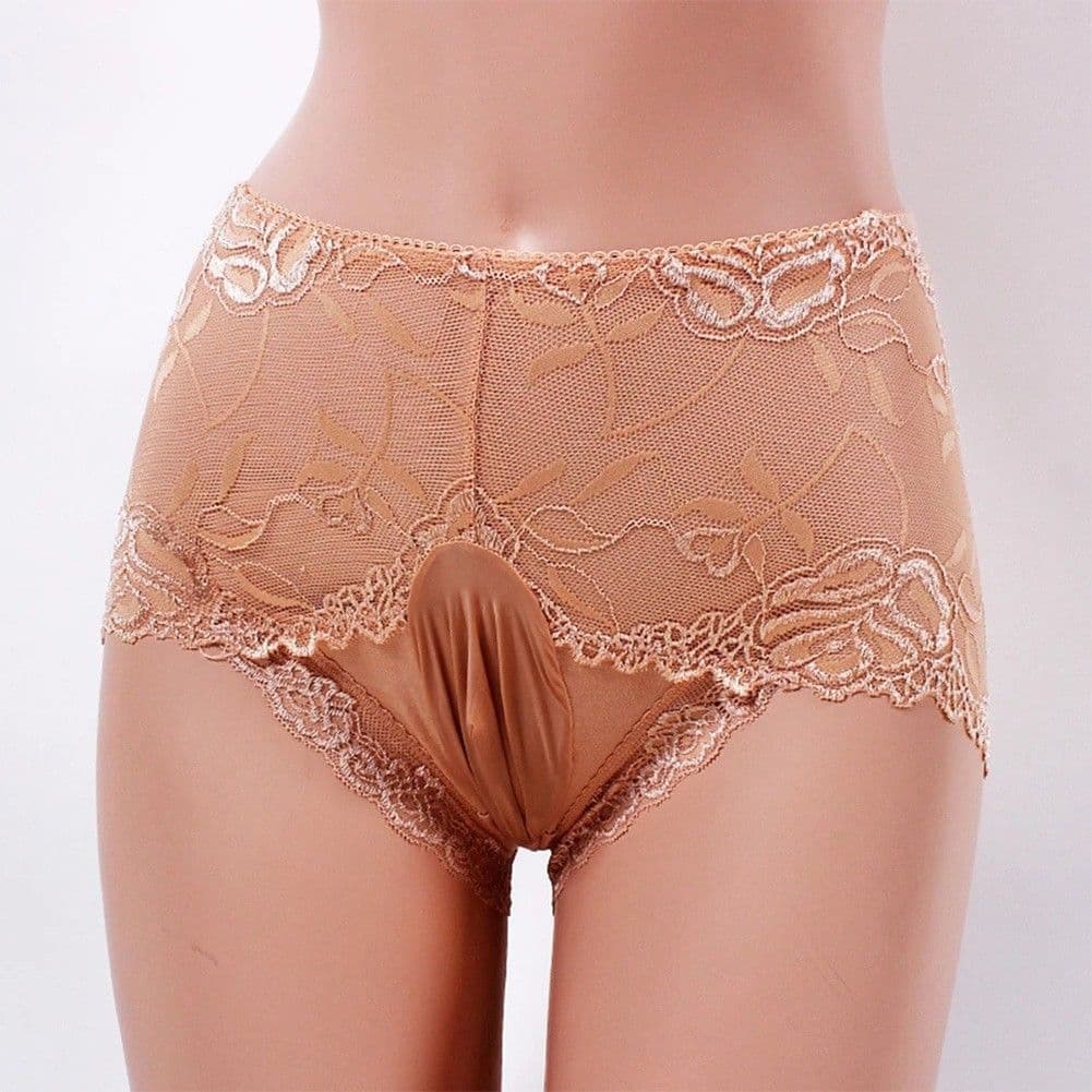 Men's Lace Sexy Sissy Penis Pouch Seamless Ultra-Thin Breathable Briefs with Jj Sleeve Erotic Stockings Underwear