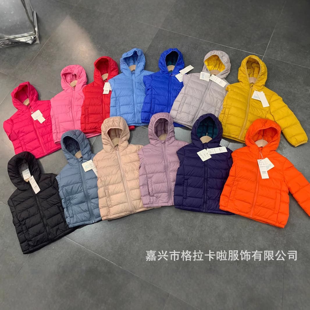 Boys' light down down jacket, baby girl's down jacket in stock wholesale solid color casual hooded jacket winter one piece drop shipping