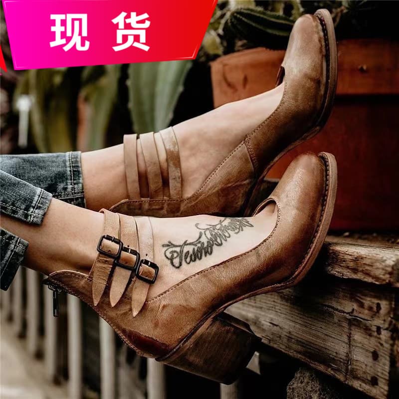 Cross-border foreign trade new 2025 Amazon independent station back zipper thick heel high heel square heel shallow mouth buckle women's single shoes