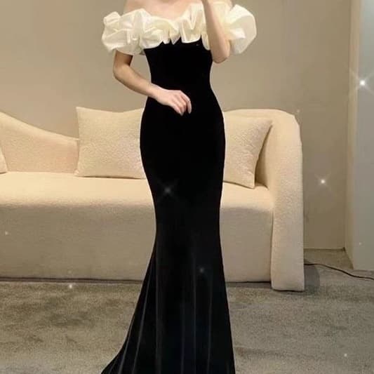 2025 European and American Elegant Slimming Black Host Evening Gown One-Shoulder Fishtail French Style Celebrity Dress