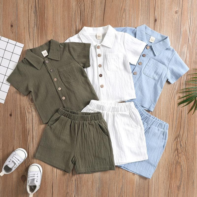 Summer Cotton Linen Casual Short Sleeve Turn-down Collar Polo Shirt Solid Color Boys' Two-Piece Set for Export