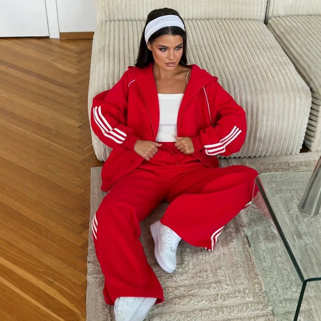 2026 foreign trade European and American cuff three-stripe hooded sweatshirt jacket wide-leg sweatpants casual two-piece suit for women