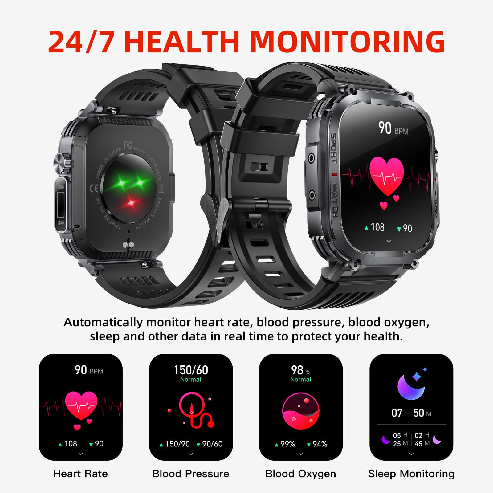 S320B Smart Watch Bluetooth Calling Flashlight Music Playback Heart Rate Watch Men's Rugged Cross-Border Export