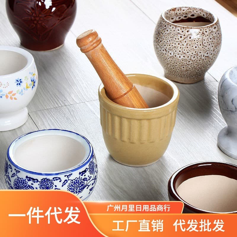 Household old-fashioned ceramic garlic mortar garlic pounder traditional garlic pounding jar garlic jar smashing garlic jar pounding jar garlic paste