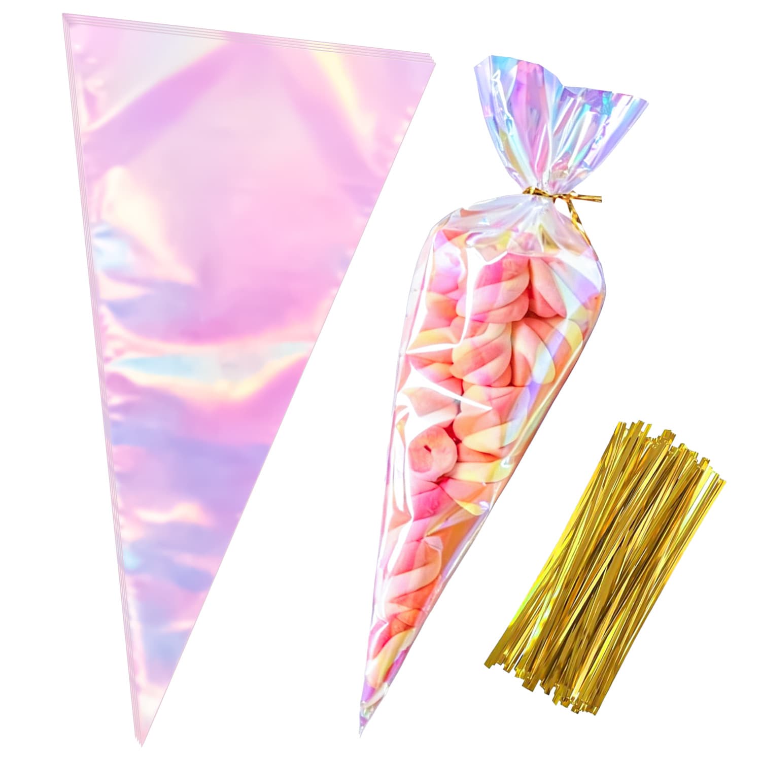 Wholesale Cross-border Iridescent Laser Cellophane Candy Bags Rainbow Popcorn Cone Transparent Triangular Plastic Packaging Bags