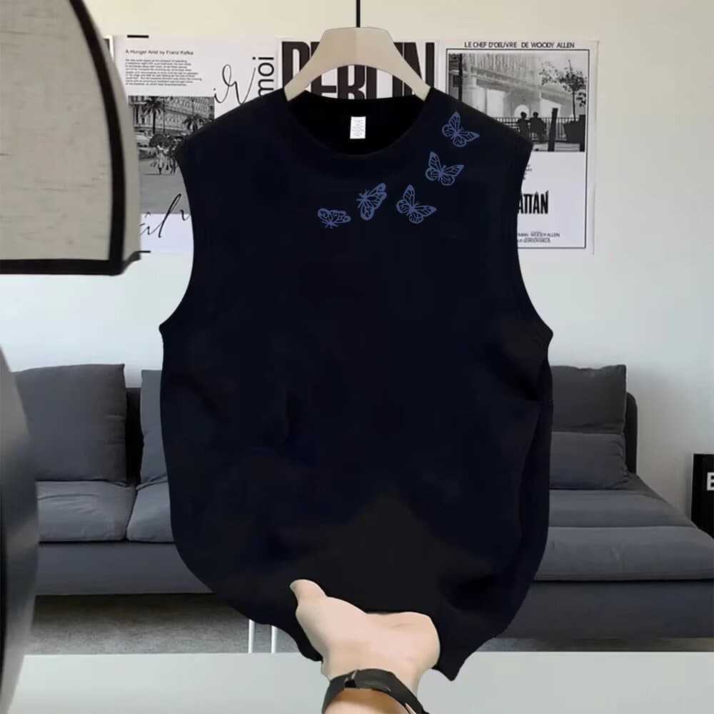 250g pure cotton vest 100% cotton round neck sleeveless waistcoat for men summer shoulder butterfly print loose sports