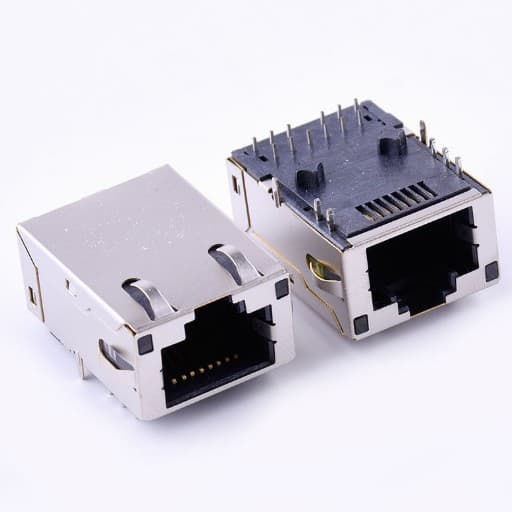 RJ45 Gigabit Ethernet port with upward-facing opening, featuring a spring-loaded LED indicator and a female 8P8C connector.