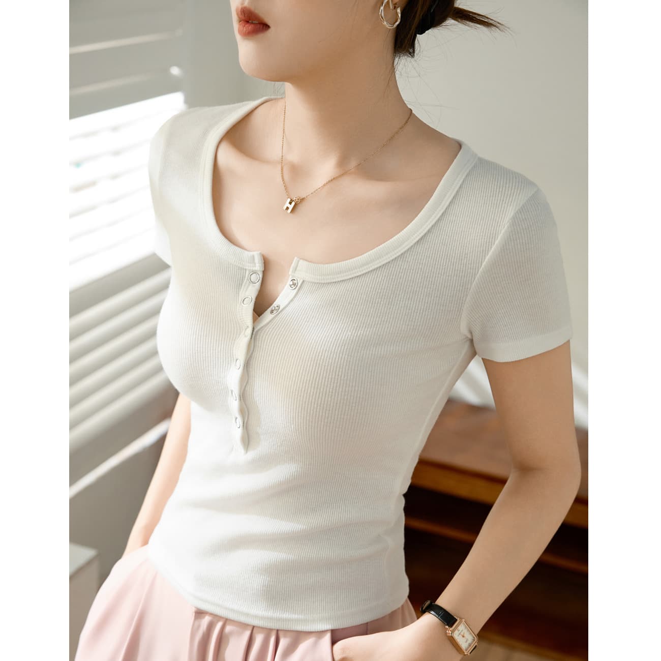 Premium Fabric & High-End Snap Button Short Sleeve T-Shirt for Women Summer Ribbed Cotton 2026 New Slim Fit Versatile Base Layer