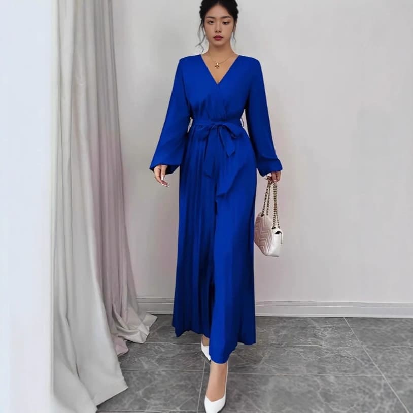 2026 Spring and Autumn Commuting Temperament Dress V-neck Waist Belt Long Sleeve Drape Long Swing Skirt