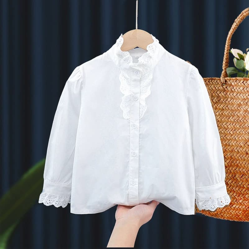 Girls Long Sleeve Shirt Spring Summer New French Style Top Cotton Fabric Fashionable Shirt for Middle and Older Kids White Export Quality