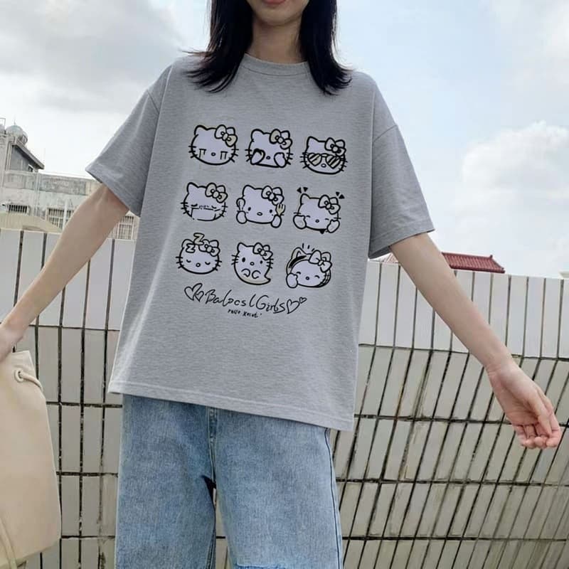 Hello Kitty printed short-sleeve T-shirt for women, cartoon trendy brand, parent-child sizes available for adults and children