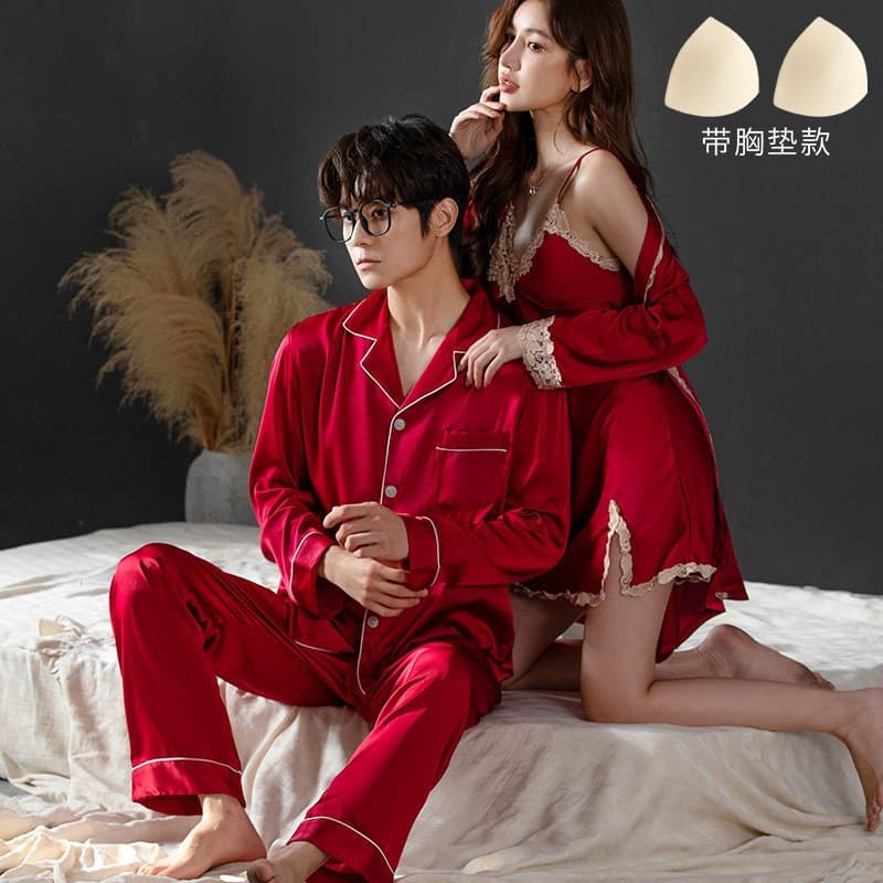 Newlywed Couple Set Wedding Silk Robe Pajamas for Men and Women Bride Nightgown Red Zodiac Year with Padded Bra Sleep Dress