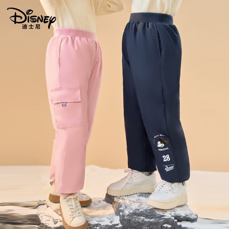 Disney children's down pants, boys and girls, thickened white duck down, high-waisted, winter warm pants for toddlers and children.