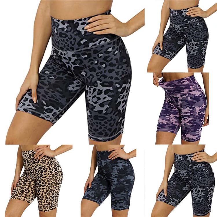 2023 Yiwu women's new large size high waist hip lift elastic sports fitness printed short leggings leopard print