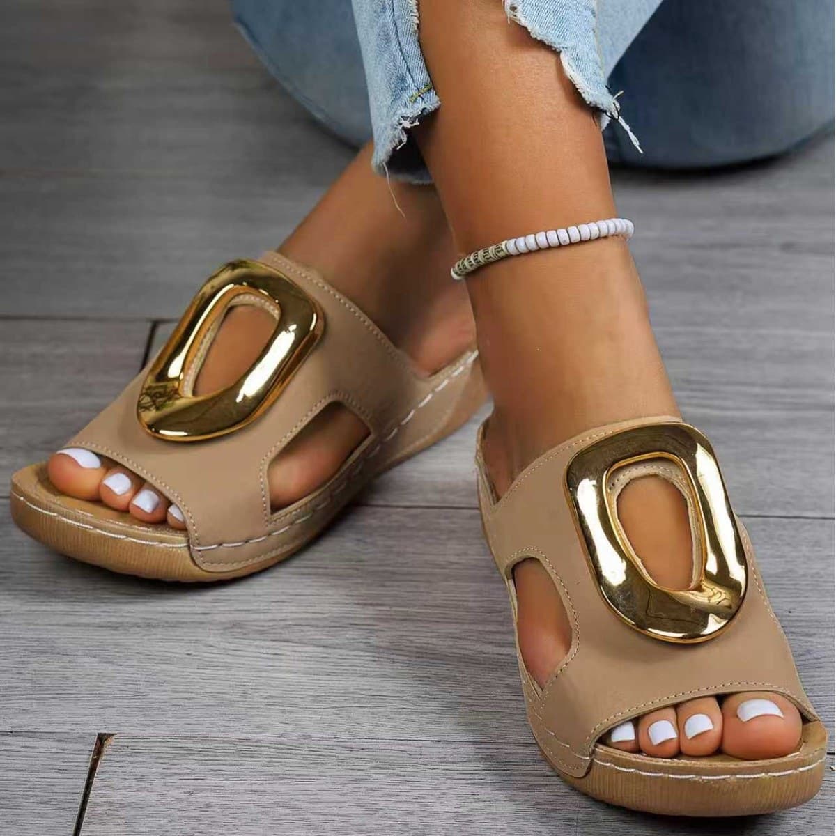 Women's European and American Cross-border Thick Sole Sandals, Wedge Heel Beach Flip Flops, Plus Size Buckle Cross-border Hollow Out Amazon Metal Wholesale Plus Size