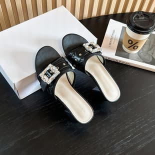 Sandals for Women One-Strap Sandals 2026 Spring Metal Buckle Versatile Outdoor Sandals Fashion Rhinestone Square Mouth Chunky Heel