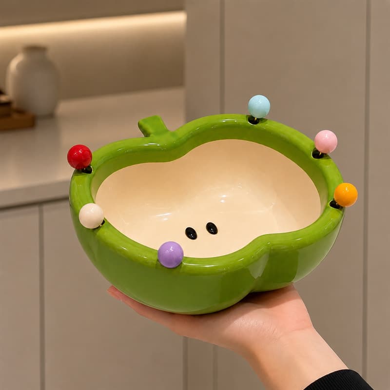 Creative Green Apple Ceramic Fruit Bowl with Fork Set, Salad Bowl for Home Living Room Coffee Table, Includes Stainless Steel Fruit Forks