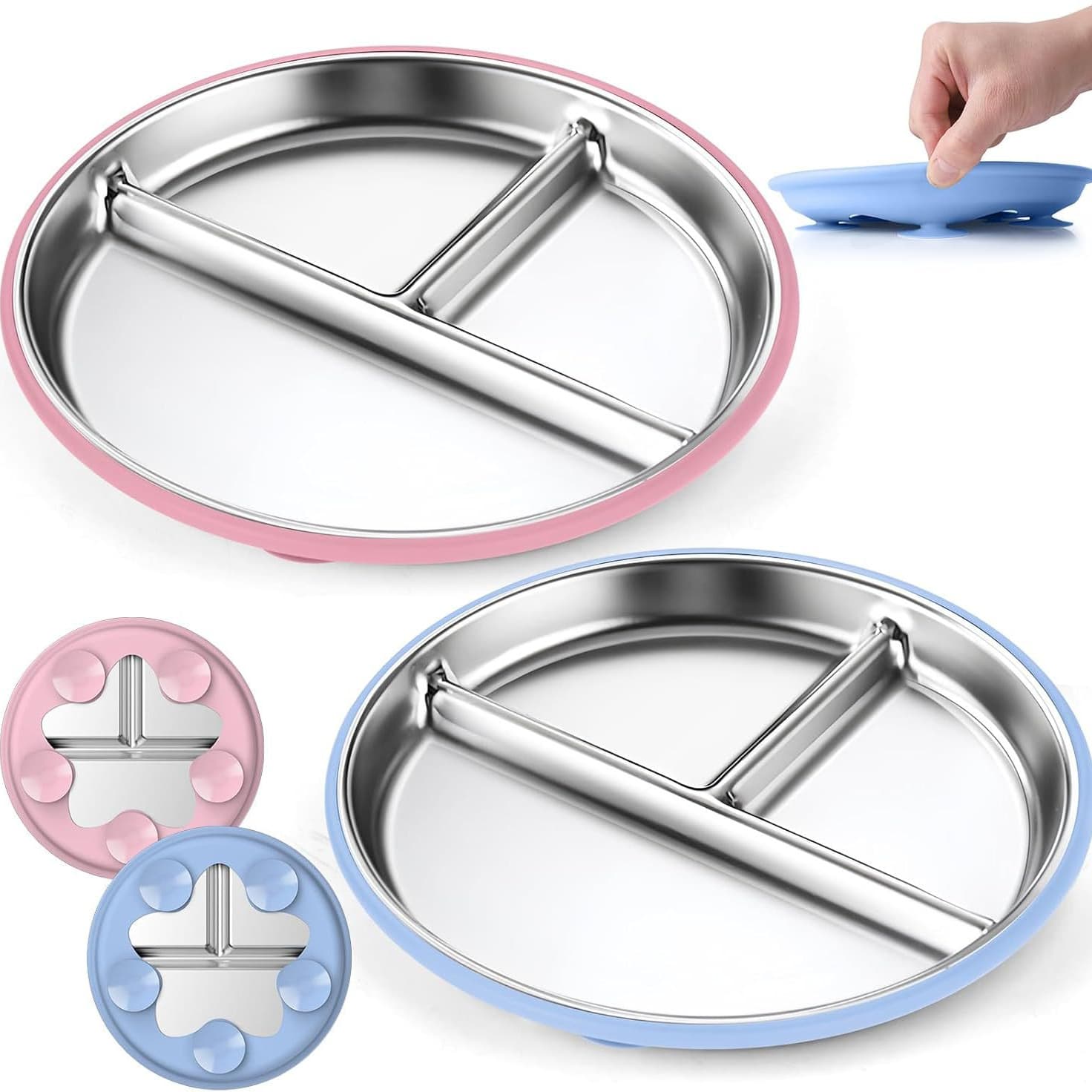 Cross-border New 20cm Small Children's Plate Stainless Steel Plate with Silicone Suction Cup Anti-slip Food-grade Material
