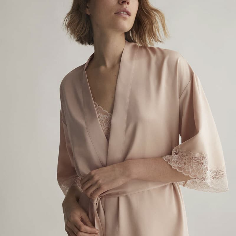 Xiao Qing Diao ~ O's Spring/Summer Glossy Satin Faux Silk Lace Camisole Sleep Dress + Robe Two-Piece Set Champagne Pajamas