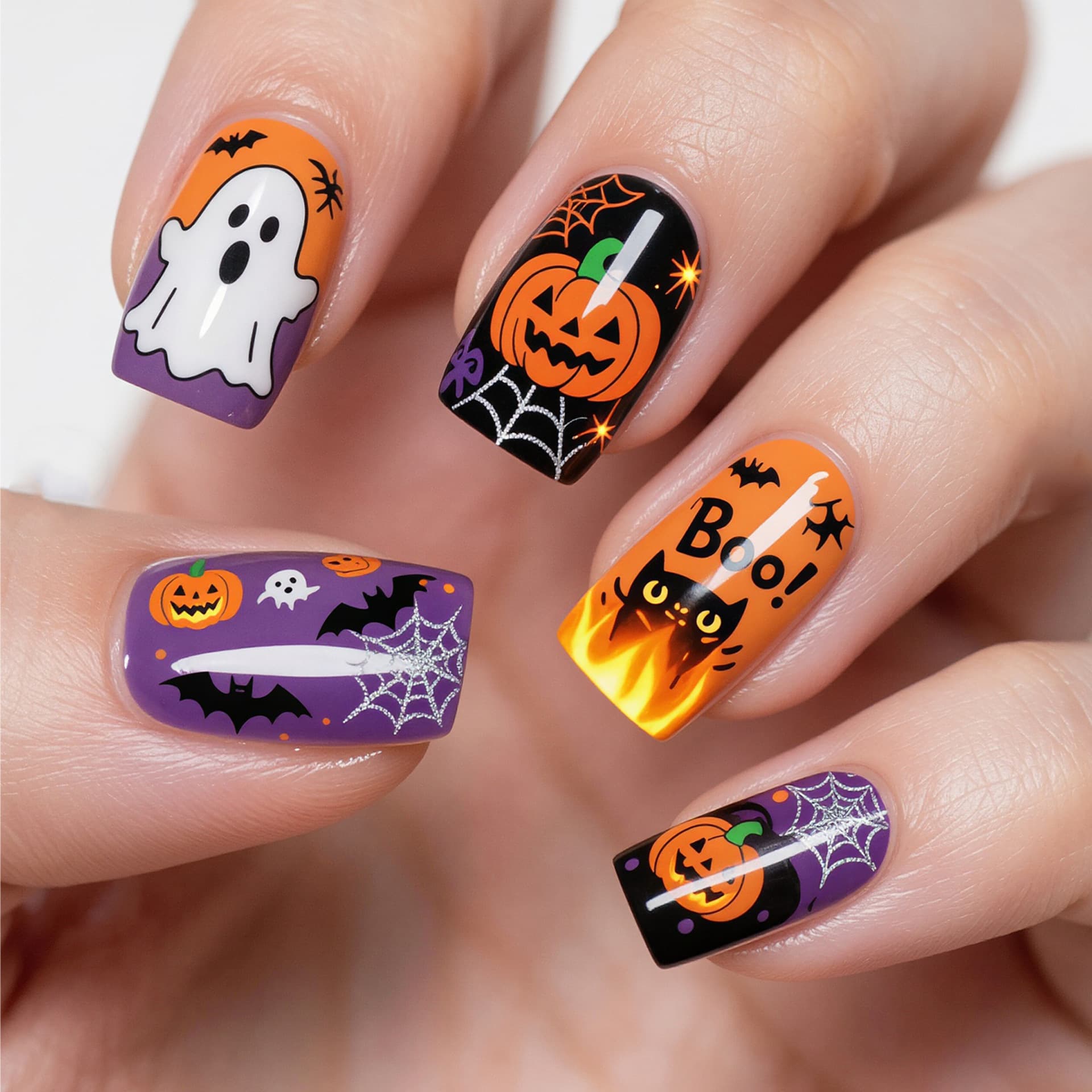 Halloween Press-On Nails Cute Ghost Spider Web Pumpkin Pattern Sweet Cool Personalized Nails Detachable False Nails 24 Pieces