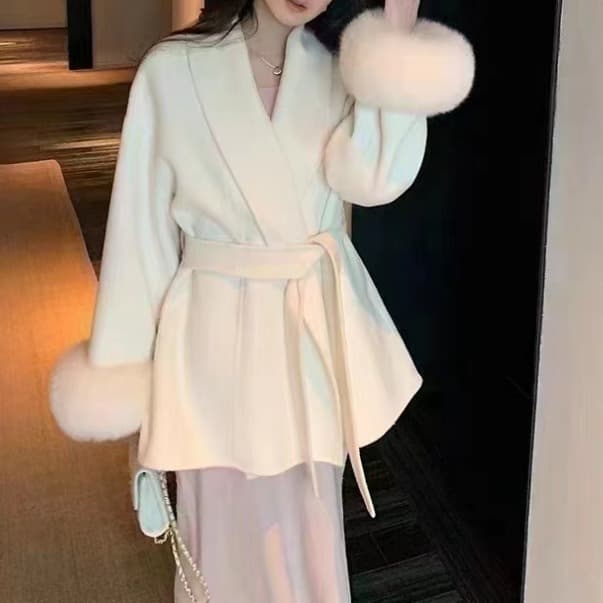 [Short Style] Real Fox Fur 90% Wool 10% Tencel Reversible Coat for Petite Women Detachable Woolen Outerwear