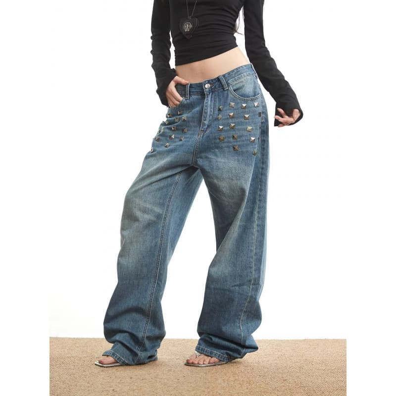 American retro handsome washed design hot rhinestone square nail straight jeans slimming men's loose casual wide leg pants