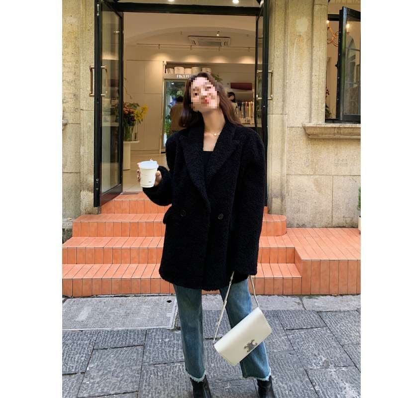 Women's Black Fleece Suit Jacket, Slim Fit, Mid-Length Faux Fur Coat