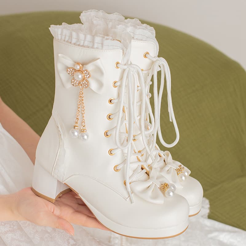 Women's and Girls' Bow Chunky Heel Ankle Boots, Lolita Low Heel Boots, Size 28-43, Wholesale Drop Shipping