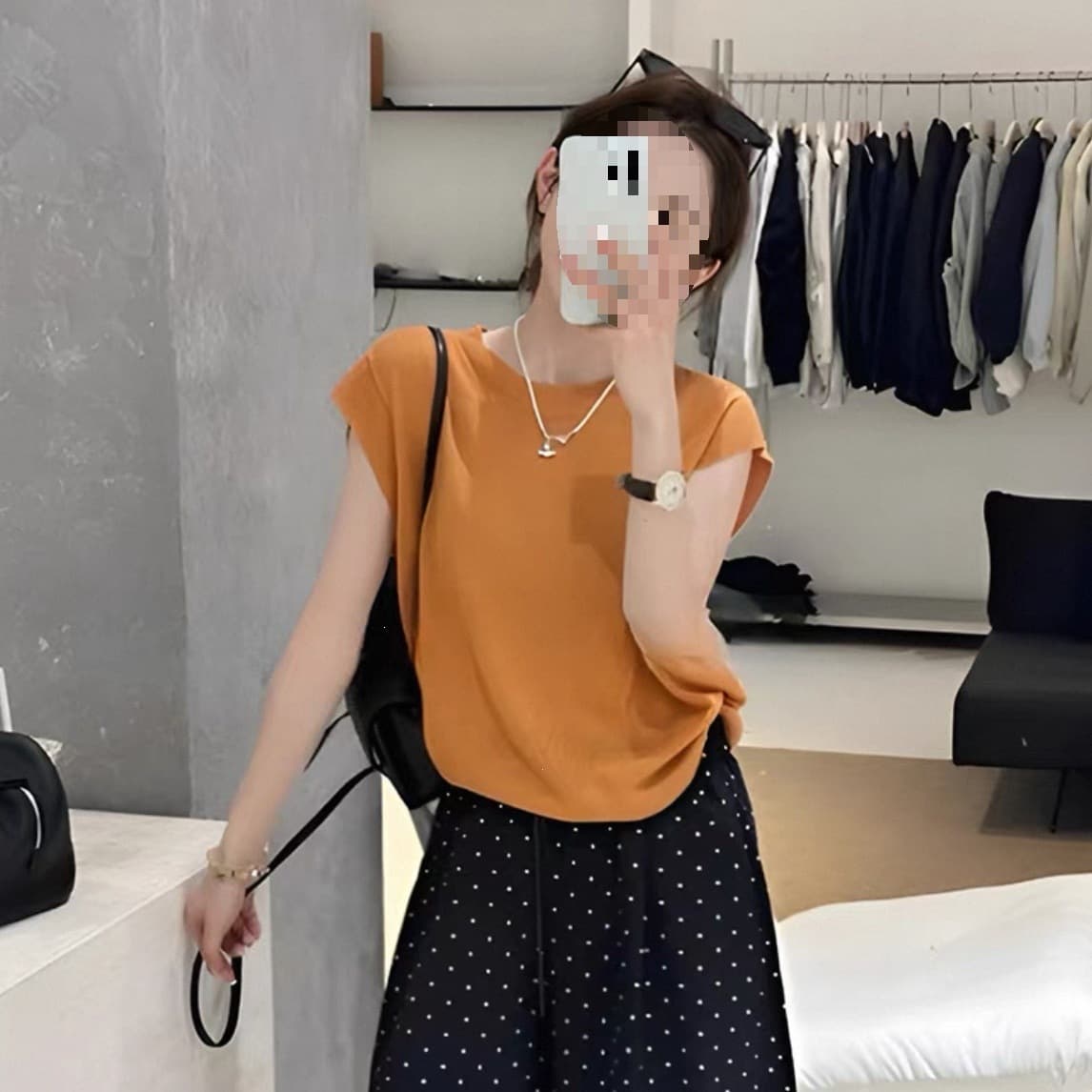 Summer New Style Simple Solid Color Round Neck Knit Top, Loose and Versatile, Slimming, Hermès Orange, Hermès Orange-Gray