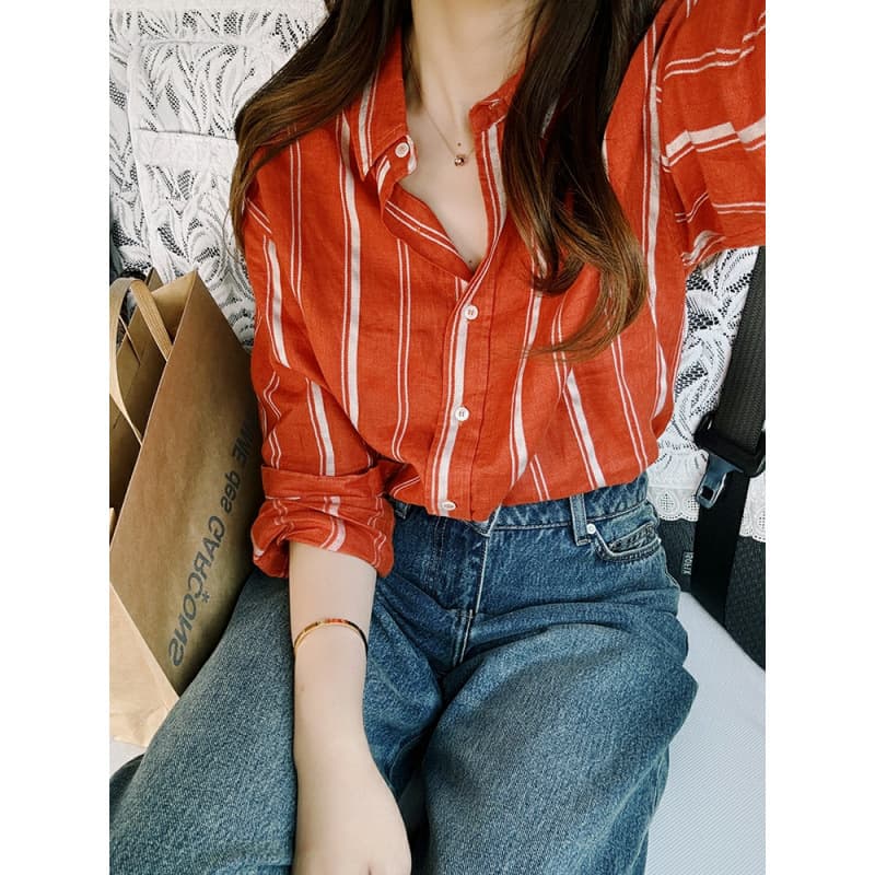 French Stripe Shirt Women Cotton Blend Drop Shoulder Color Block Loose Top 2026 Casual Long Sleeve Layering Jacket