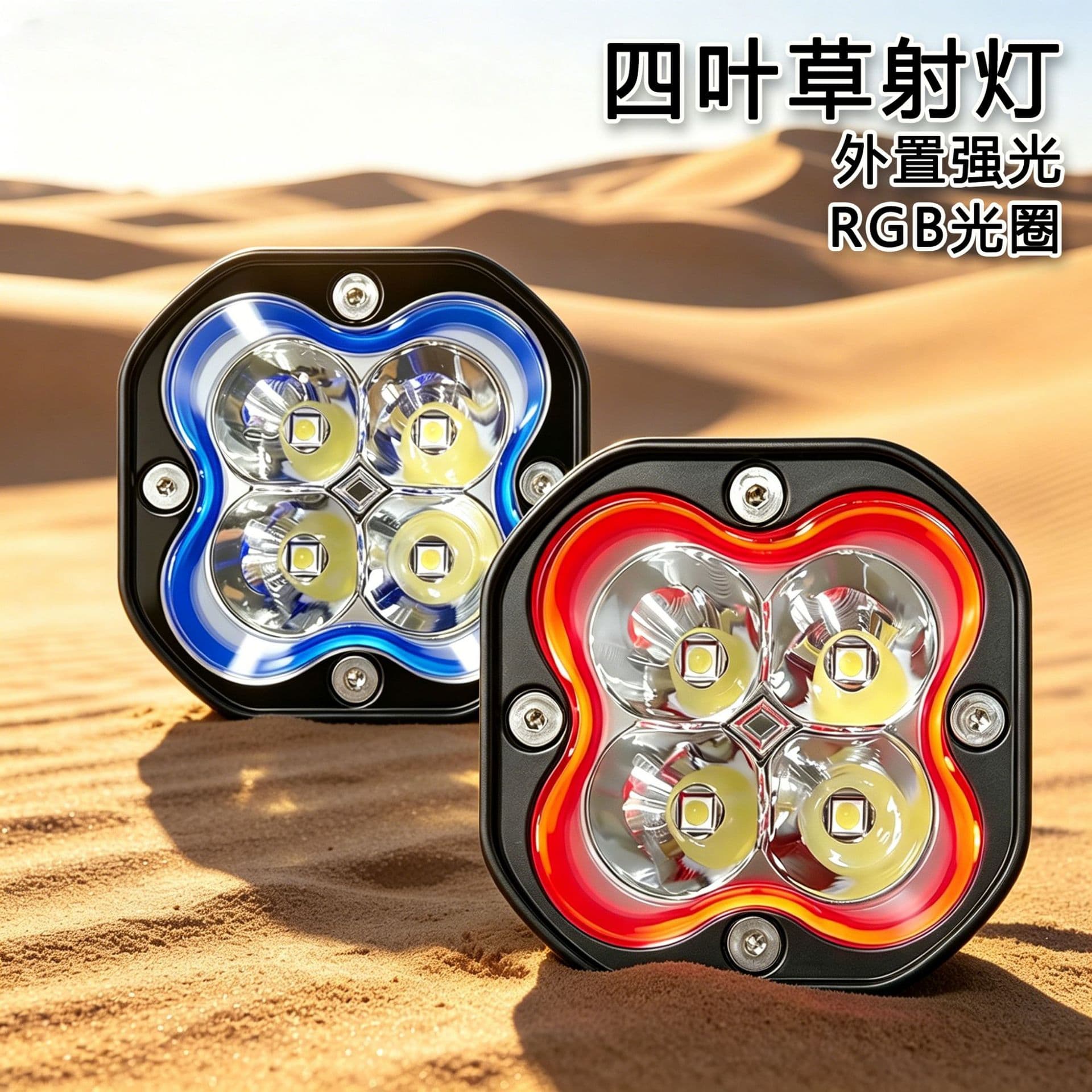 Factory wholesale electric vehicle and motorcycle spotlights, 40W external high-power ultra-bright RGB four-leaf clover spotlights for paving roads.