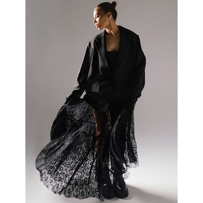 2026 European and American new women's foreign trade cross-border long skirt black sexy see-through lace high-waist commuting skirt elegant