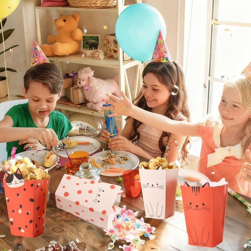 Customized popcorn boxes for holidays, party decorations, children's party supplies, and custom designs based on provided images.
