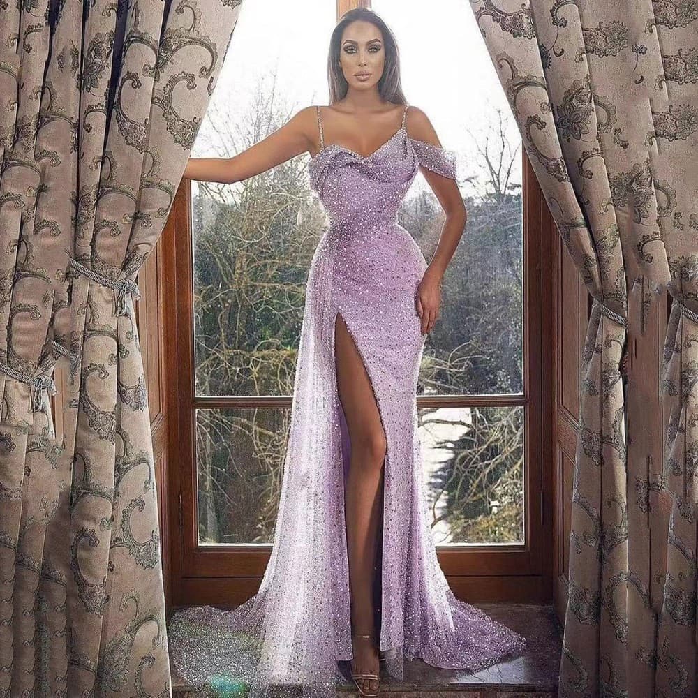 Cross-border Amazon women's popular sexy temperament suspender backless sequined irregular slit long skirt evening dress
