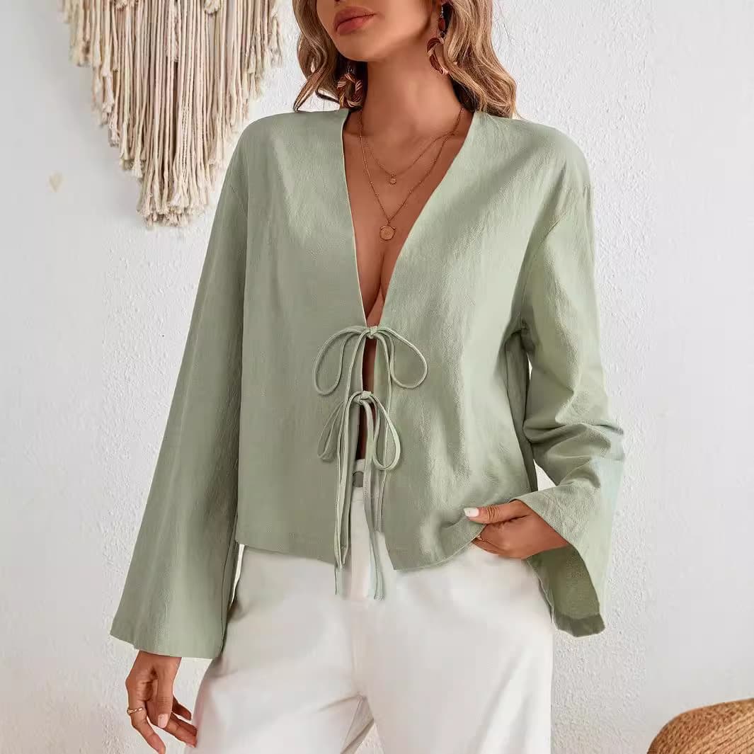2024 European and American cross-border spring and autumn new style lace-up long-sleeved tops casual loose V-neck hollow solid color shirts