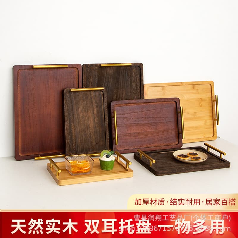 Bamboo Wood Tea Tray Rectangular with Handle, Home Hotel Tea Tray, Solid Wood Snack Storage Tray