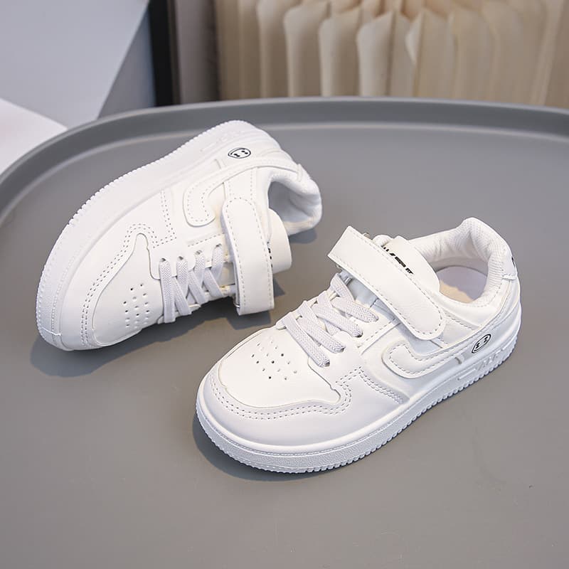 New Children's Campus Leather White Casual Sneakers, Versatile Mid-to-Large Kids' Board Shoes, Running Shoes, Velcro Solid Color Sneakers