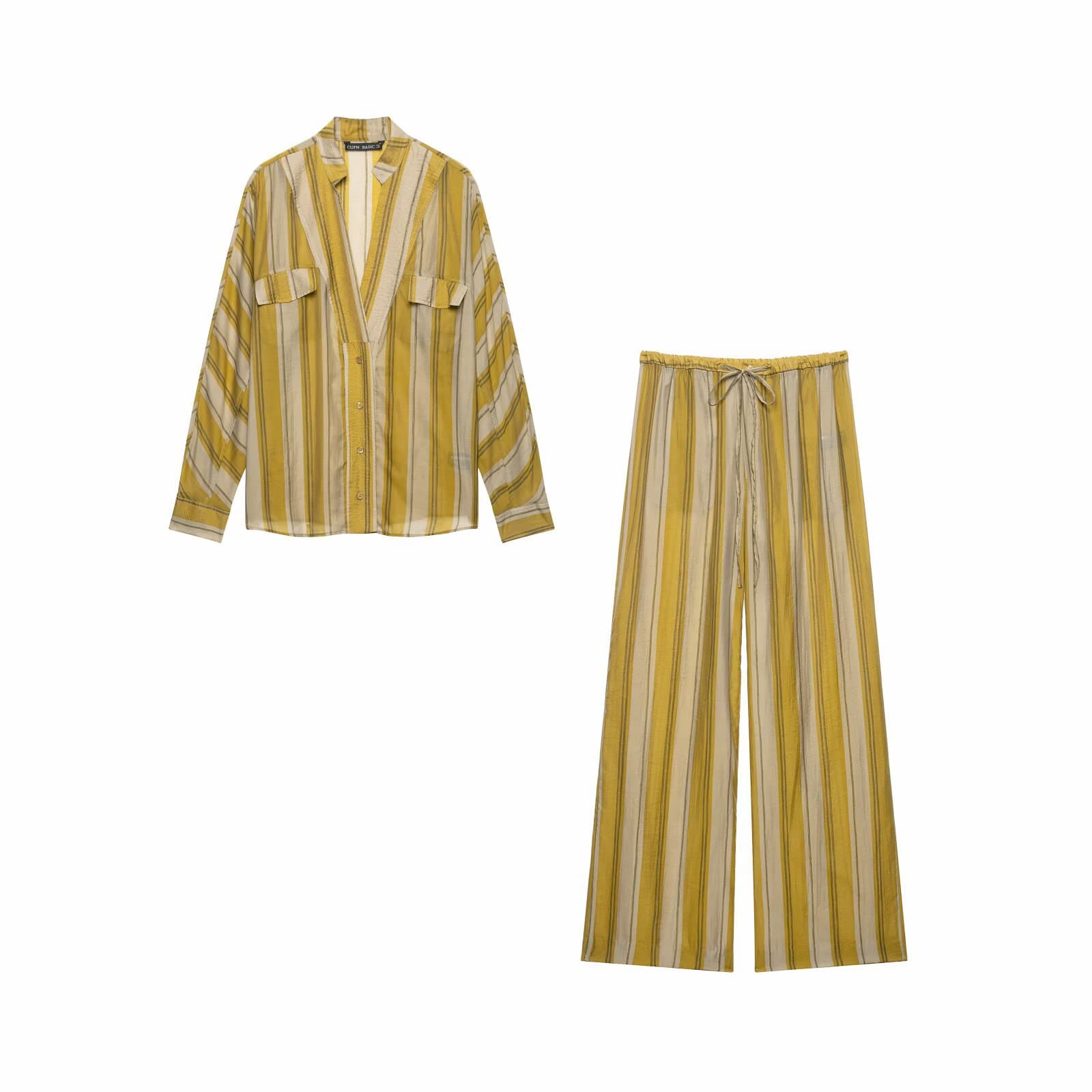 PB&ZA Women's Long Sleeve V-Neck Striped Shirt 2183250 + Mid-Waist Tie-Striped Straight Leg Pants 2183245