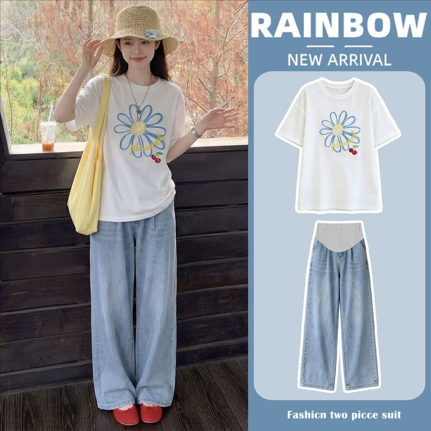 Maternity Short Sleeve T-Shirt Set Summer Loose Plus Size Slimming Thin White Top Jeans Two-Piece 2026