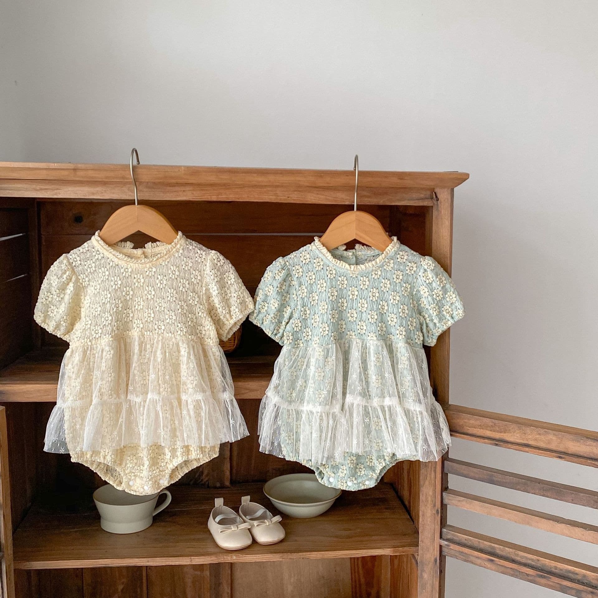 2026 Summer Baby Girl Mesh Bubble Romper Princess Dress Floral Jacquard Jumpsuit Crawler Outfit