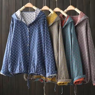 New Style Hooded Printed Drawstring Shirt, Artistic Casual Relaxed Fit Top Women's Cotton Gauze Thin Jacket