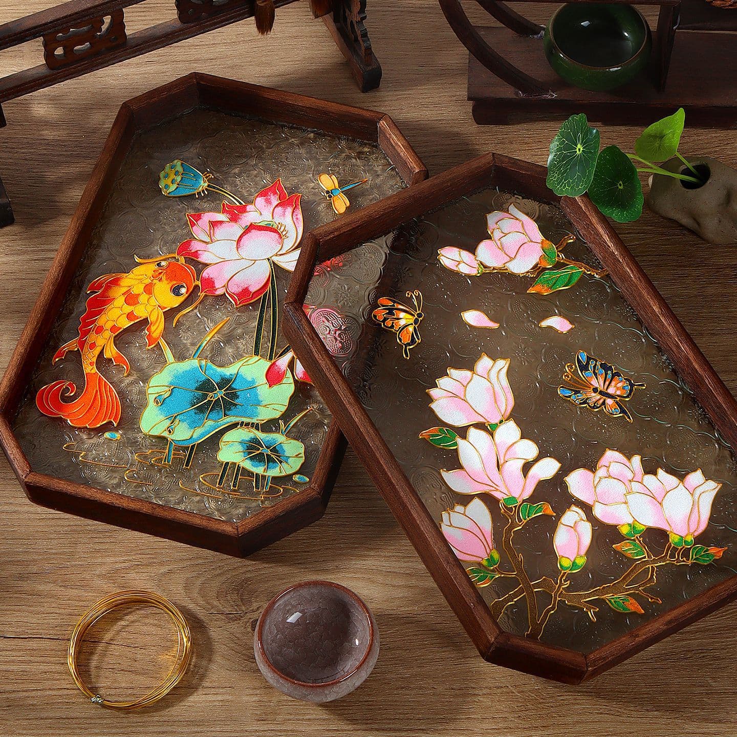 Cloisonné Tea Tray Non-Wire-Inlaid Enamel Handmade Material Kit, New Chinese Style Craft Enamel Painting Ornament Salon Activity