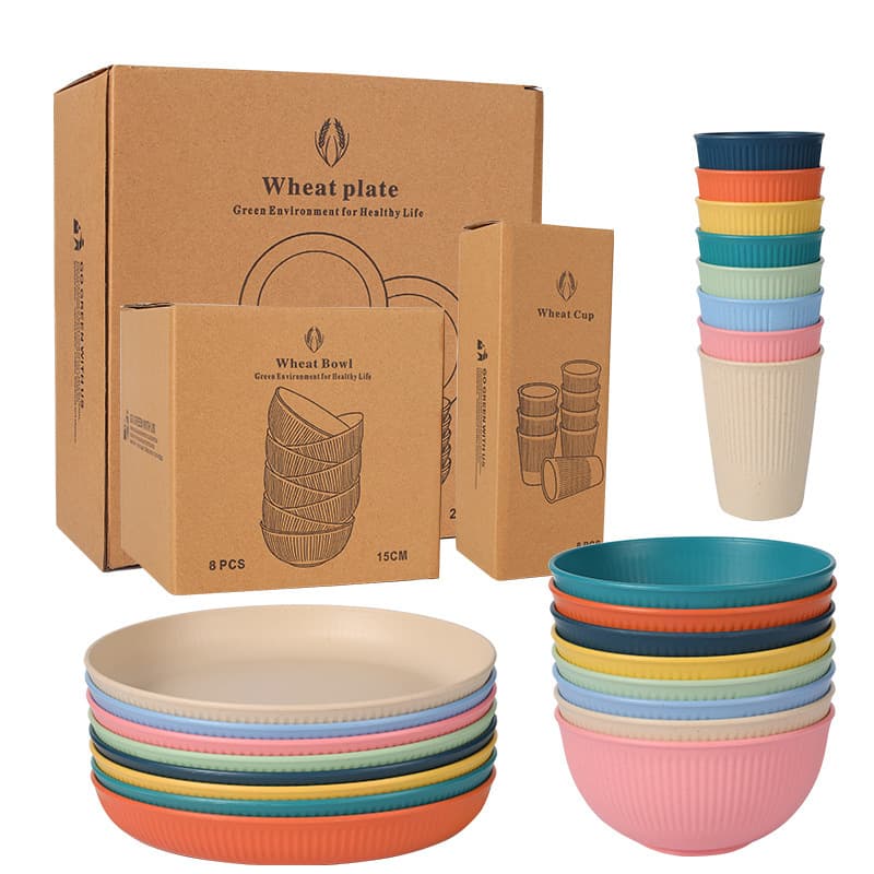 Cross-Border Hot-Selling Supply Wheat Straw Plate Salad Bowl Cup Household Tableware Dinner Plate Dinner Bowl Water Cup Gift Box Set