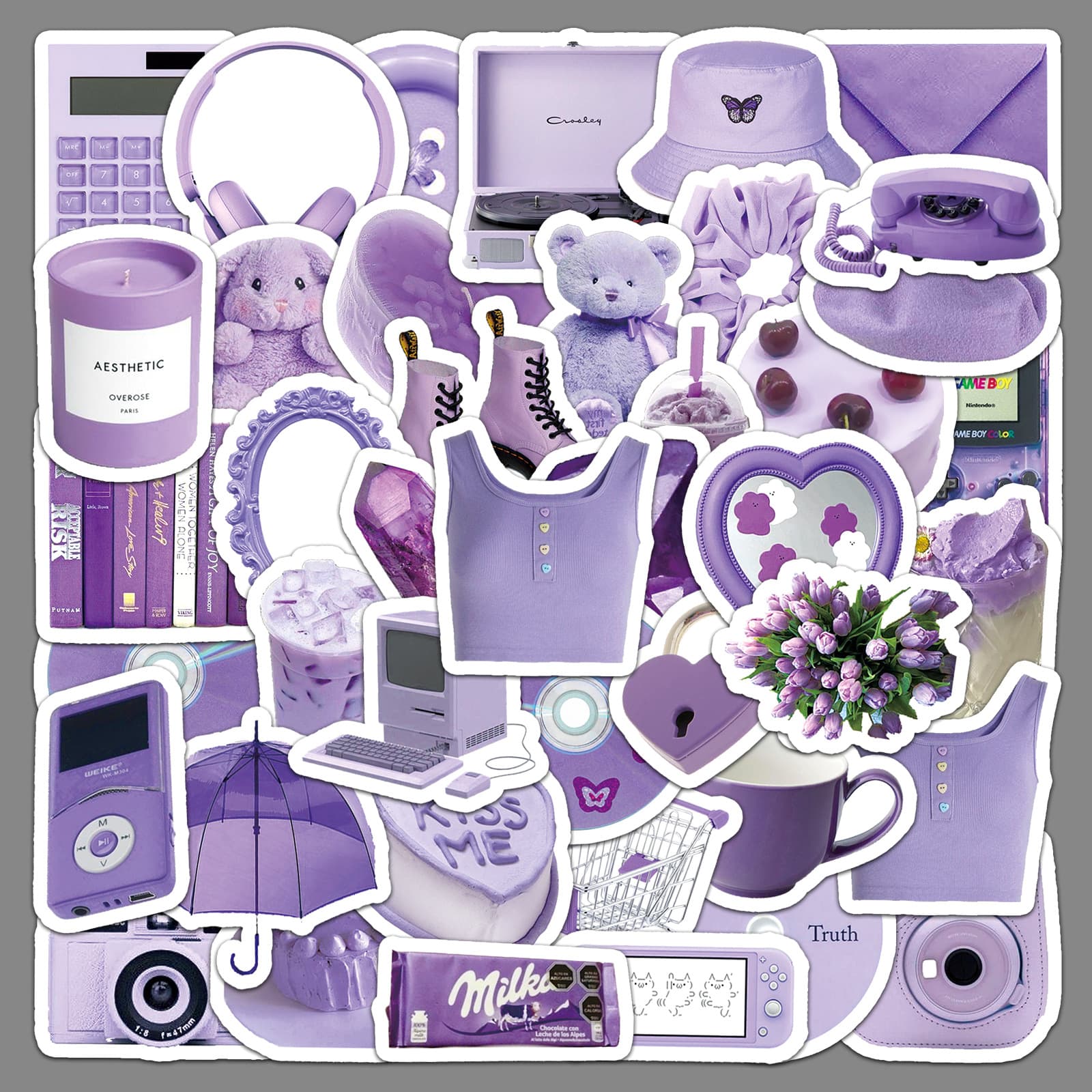 50 sheets of INS style purple stickers, cute and girly style, DIY planner, waterproof phone decoration, cup stickers