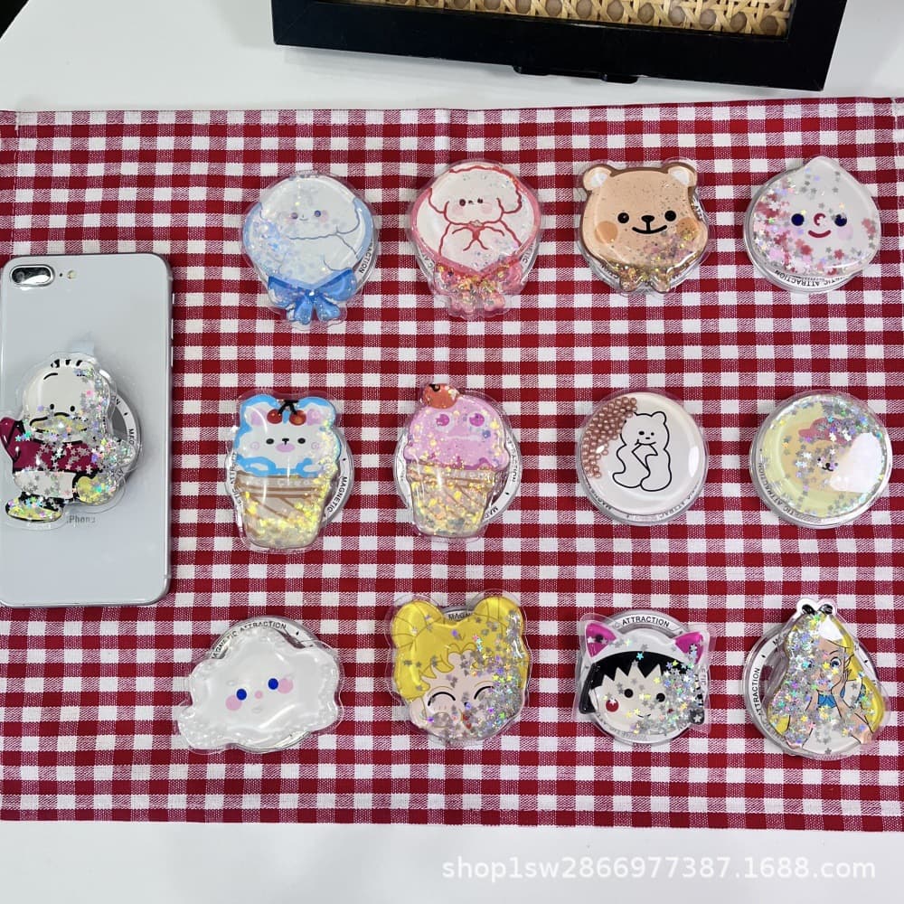 Cartoon Liquid Sand Magnetic Suction Phone Stand, Retractable Foldable Adhesive Cushion Universal Desktop Stand